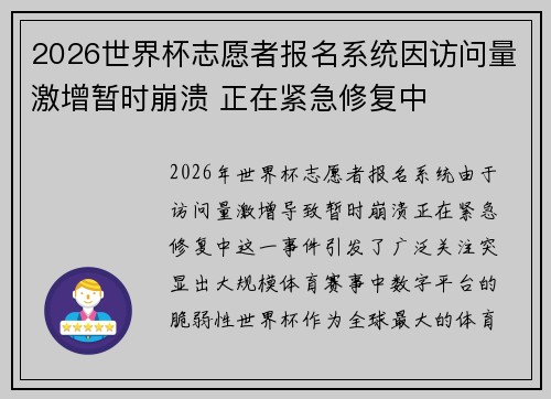 2026世界杯志愿者报名系统因访问量激增暂时崩溃 正在紧急修复中 2026世界杯志愿者报名系统因访问量激增暂时崩溃 正在紧急修复中