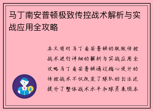 马丁南安普顿极致传控战术解析与实战应用全攻略