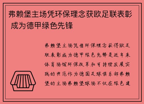 弗赖堡主场凭环保理念获欧足联表彰 成为德甲绿色先锋 弗赖堡主场凭环保理念获欧足联表彰 成为德甲绿色先锋
